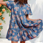 Load image into Gallery viewer, Rose Print A Line Dress Women Blue Floral N5A116

