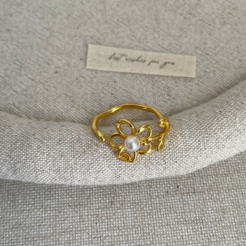 Textured Hollow Flower Pearl Ring Women Fashion N6H167
