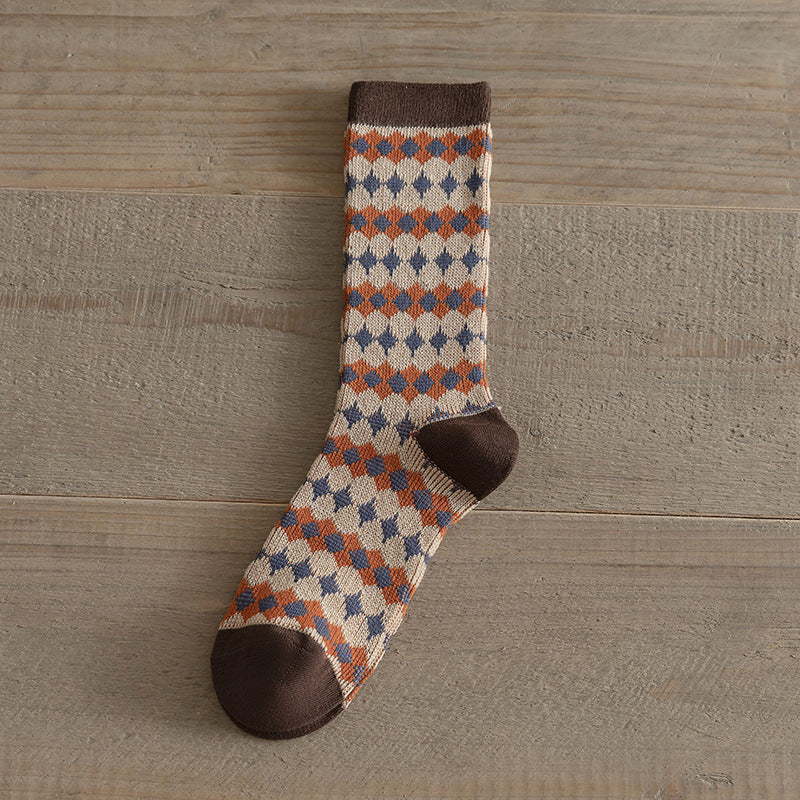 Double Needle Knit Plaid Mid-Calf Socks Women N6H023