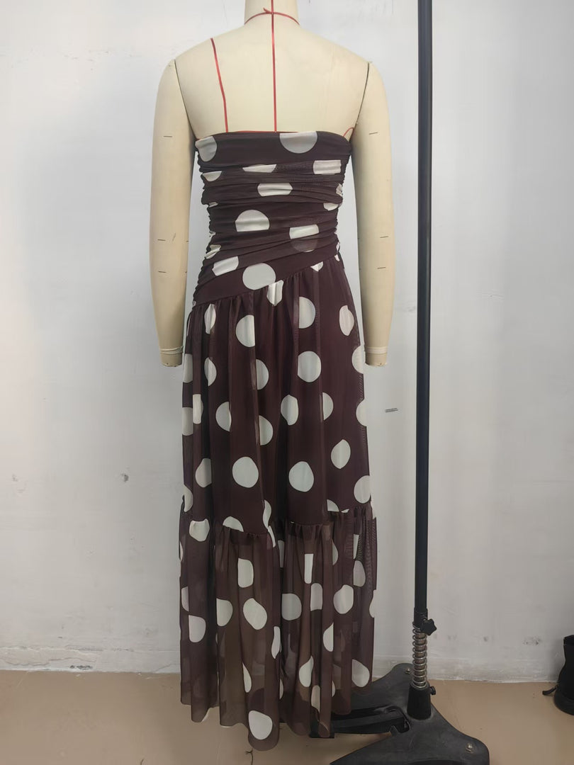Polka Dot Mesh One-Shoulder Maxi Dress N6F028