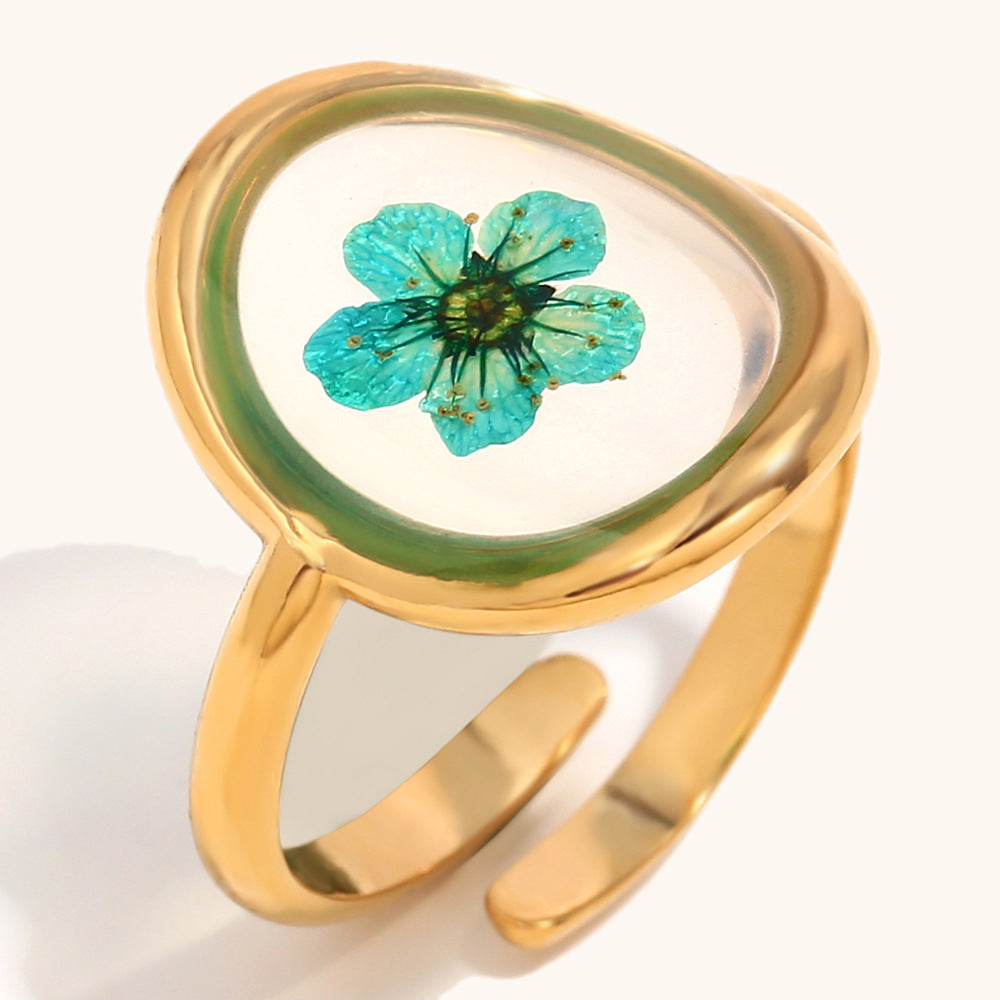 Green Flower Steel Ring Gold Plated Acrylic Jewelry S5P003