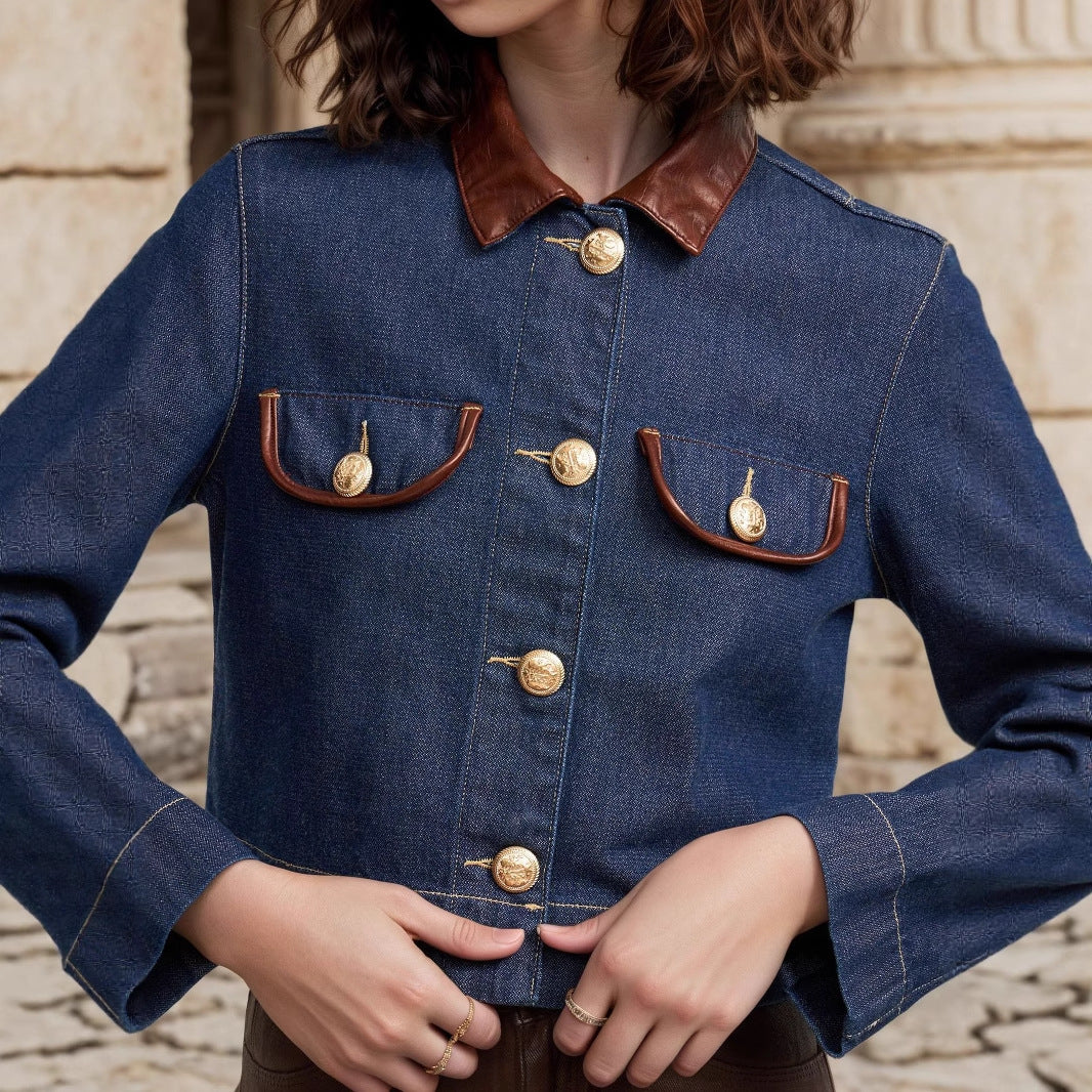Leather Trim Denim Like Coat Button Accent Navy N5Z562