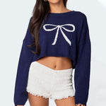 Load image into Gallery viewer, Bow Cropped Pullover Long Lightweight Navy N5Z656
