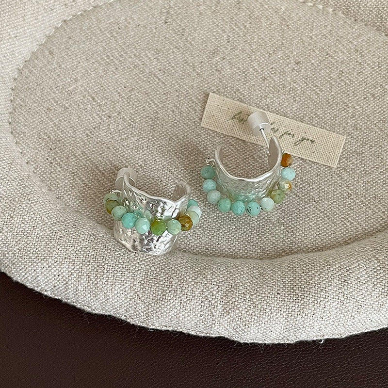 Hammered Pearl Stone Wide Stud Earrings Women N6H165