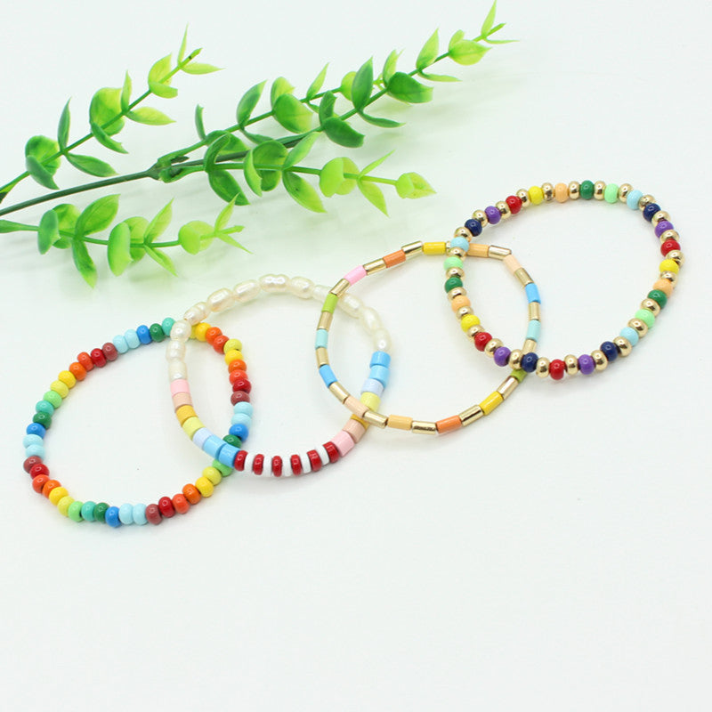 Rainbow Bamboo Pearl Enamel Beads Alloy Bracelet  S5P033