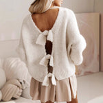 Load image into Gallery viewer, Bow Open Back Cardigan Puffed Mid Weight White N5Z686
