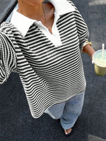 Load image into Gallery viewer, Stripe V-Neck Colorblock Drop Shoulder Polo Tee N6G285