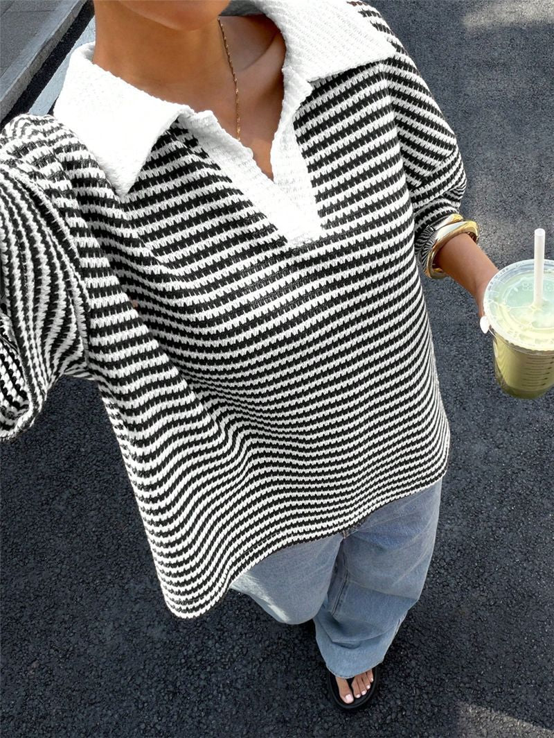 Stripe V-Neck Colorblock Drop Shoulder Polo Tee N6G285