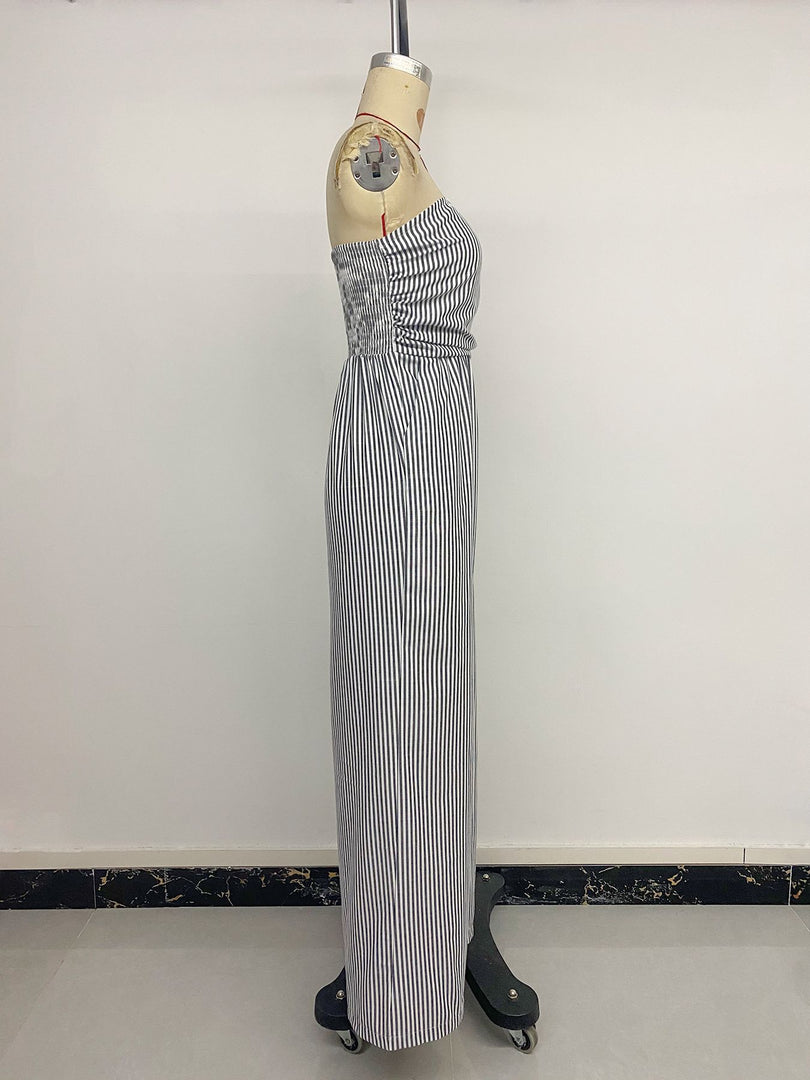 Strapless Stripe Jumpsuit Women Straight Leg N6C251