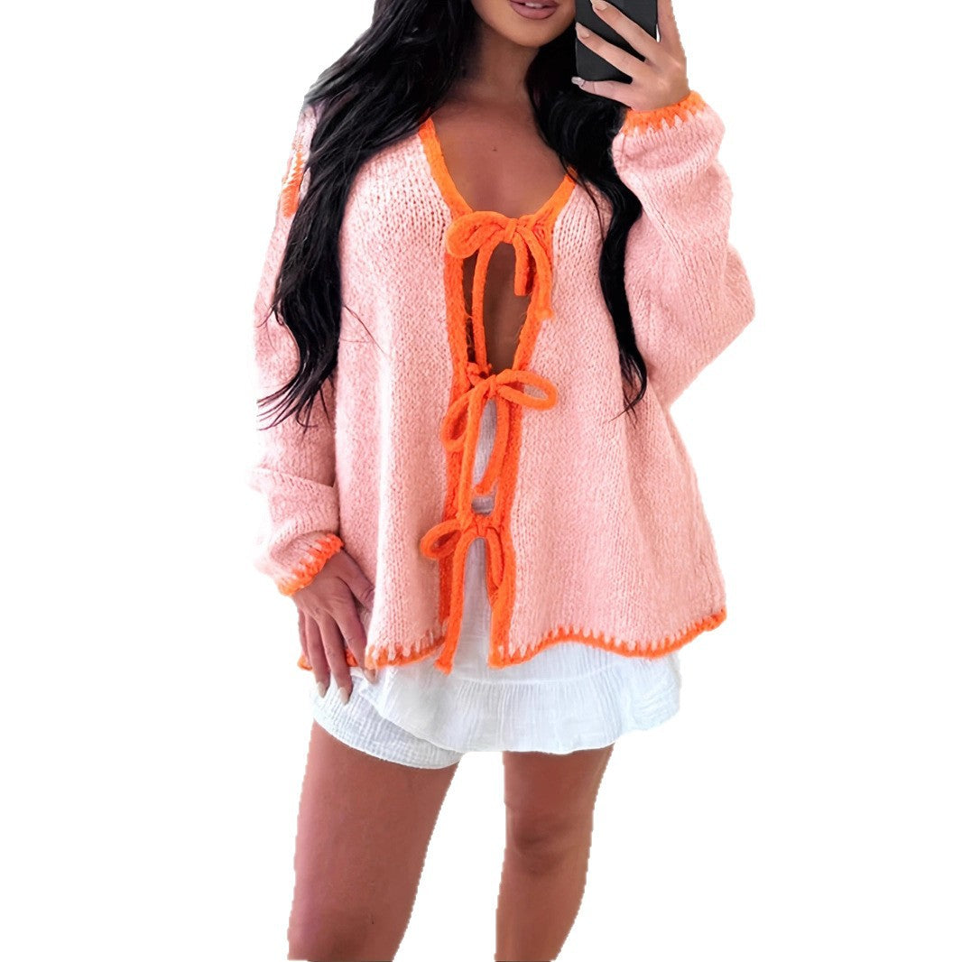 Contrast Tie Cardigan Lightweight Pink N5Z884