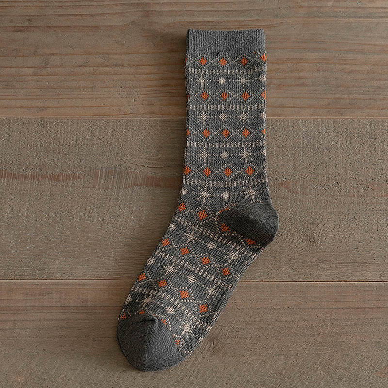 Vintage Ethnic Double Needle Thick Mid-Calf Socks N6H034