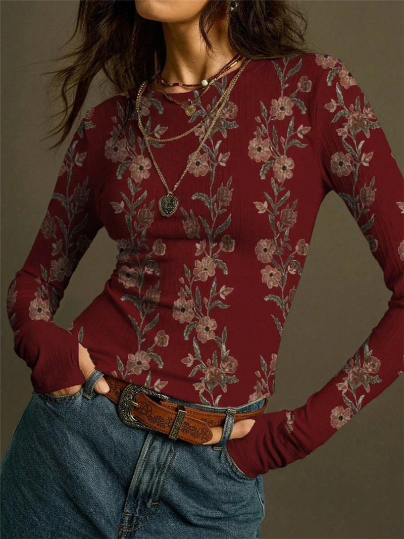 Retro Floral Print Knit T-shirt Women N6C324