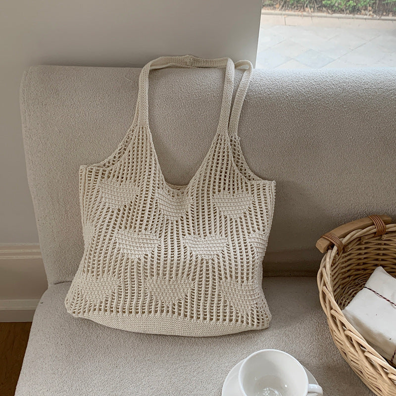 Vintage Knit Heart Mesh Tote Bag Women N6C068