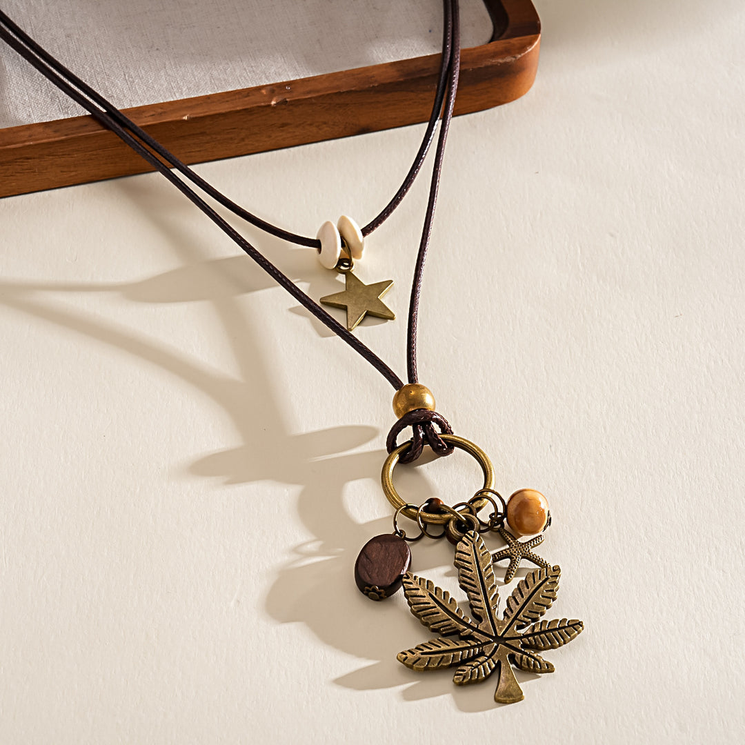Leather Cord Wood Bead Star Leaf Sweater Chain N6H138