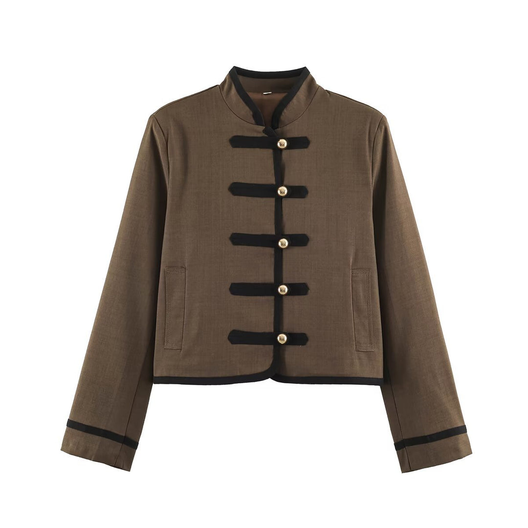 Loose Fit Knot Button Stand Collar Jacket Women N6H127
