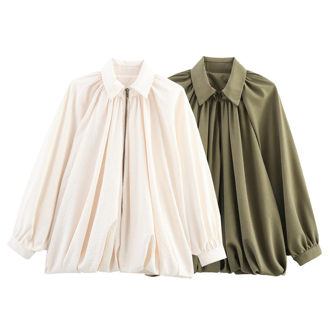 Notched Collar Puff Sleeve Baseball Jacket Women N6A154