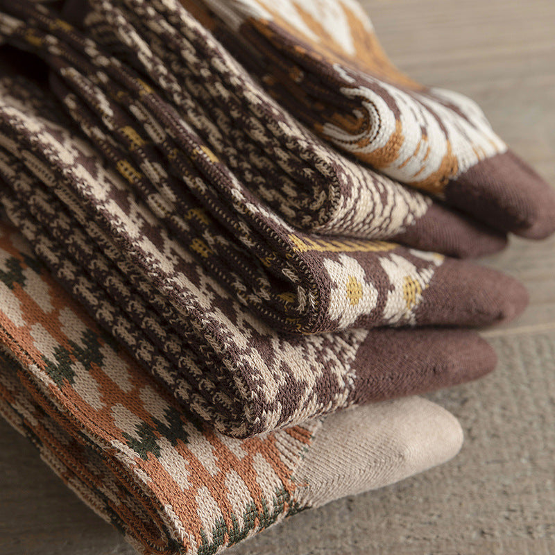 Vintage Double Needle Mid-Calf Socks Warm Cotton N6H028