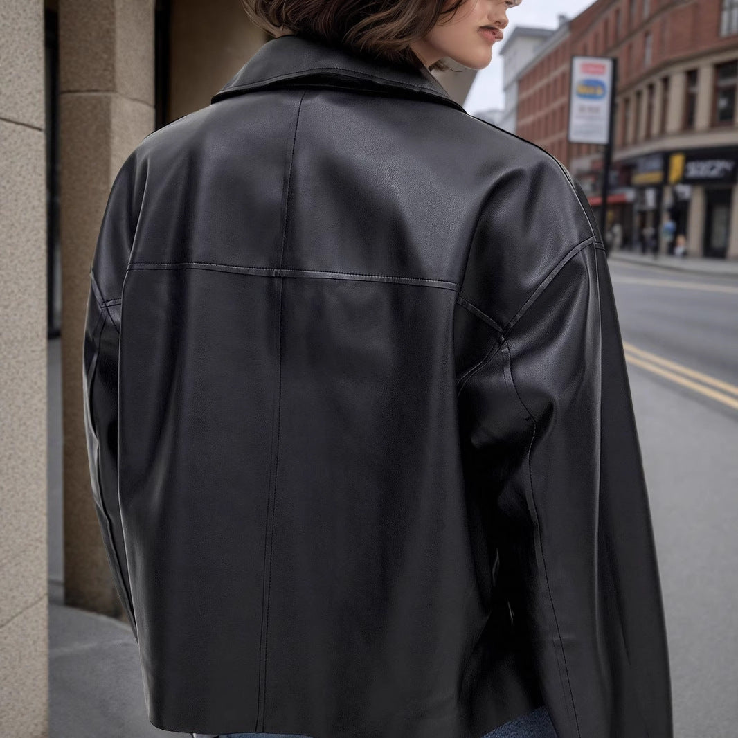 PU Zip Notch Crop Coat Dual Pocket Heavyweight Black N5Z617