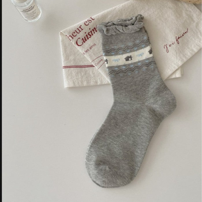Combed Cotton Mid-Calf Socks Heart Pattern M5A018