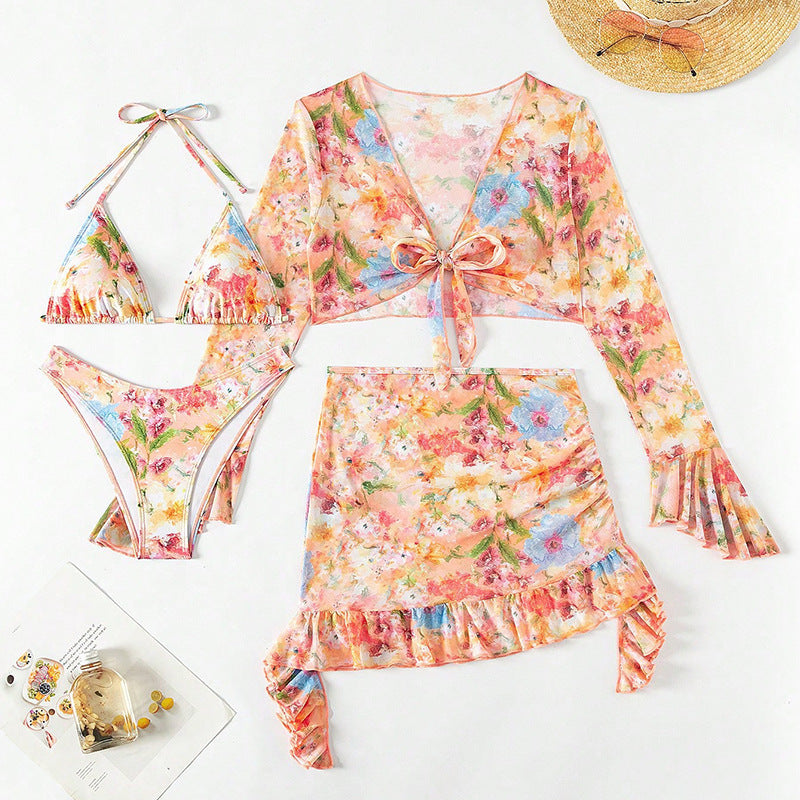 Trendy Printed Beach Skirt Bikini Four Piece Set  N6A018