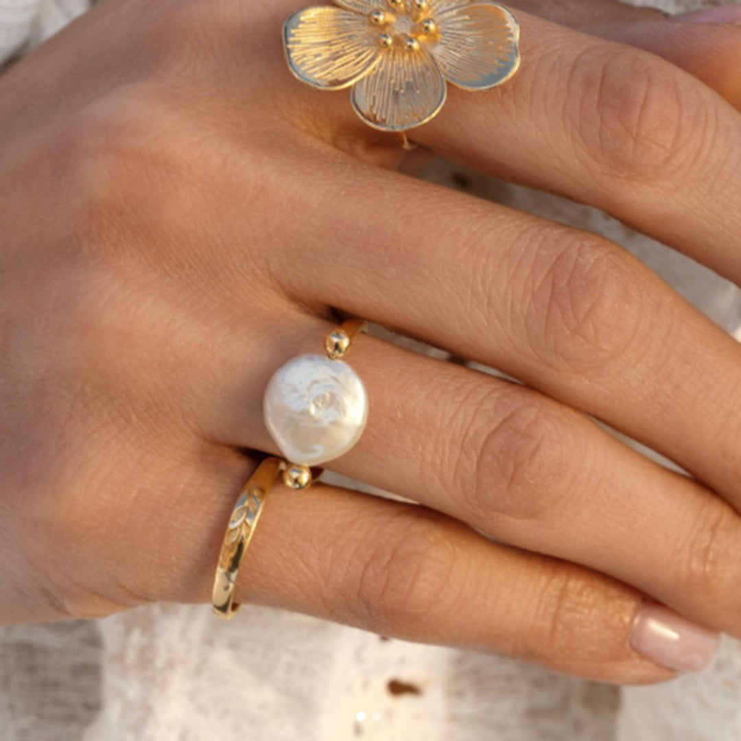 Stainless Steel Button Pearl Smooth Ring Women N6H168