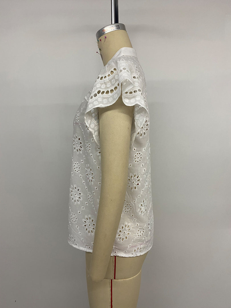 V Neck Eyelet Shirt Women Solid Color N6C105