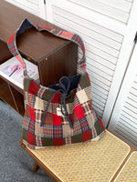 Load image into Gallery viewer, Women's Plaid Denim Tie-Closure Tote Bag N6J203