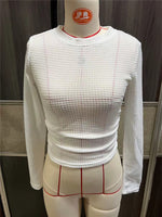 Load image into Gallery viewer, Fitted Checkered Long Sleeve Ruffle T-shirt Women N6C323