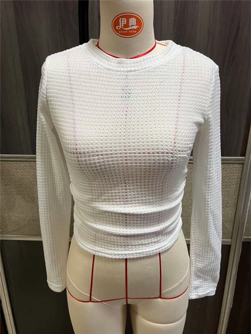 Fitted Checkered Long Sleeve Ruffle T-shirt Women N6C323
