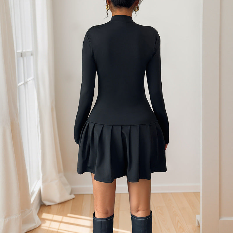 Bow Mock Neck Dress Long Sleeve Mid Weight Black N5Z545