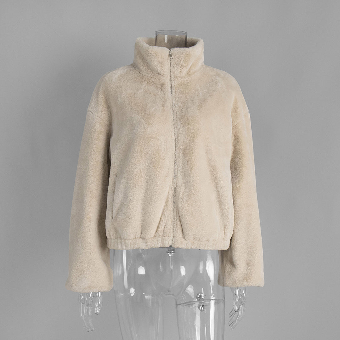 Stand Collar Faux Fur Zip Coat Women Beige N5A295
