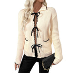 Load image into Gallery viewer, Bow Notch Cardigan Contrast Mid Weight Apricot N5Z475
