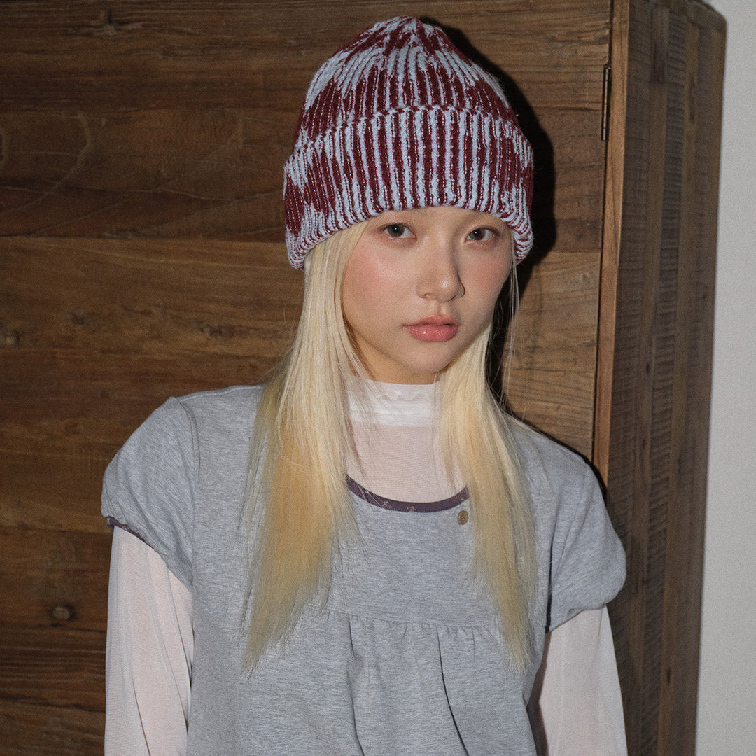 Unisex Wool Blend Diamond Colorblock Knit Beanie N6J106