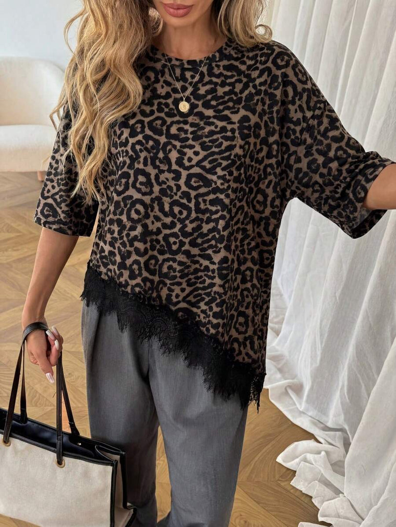Leopard Print Lace Trim Loose Short Sleeve T-shirt N6D214