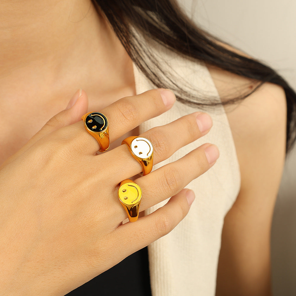 Smiley Face Ring Titanium Steel 18K Gold Drip Enamel S5P019