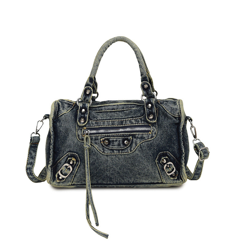 Women's Vintage Denim Studded Moto Tote Bag N6J198