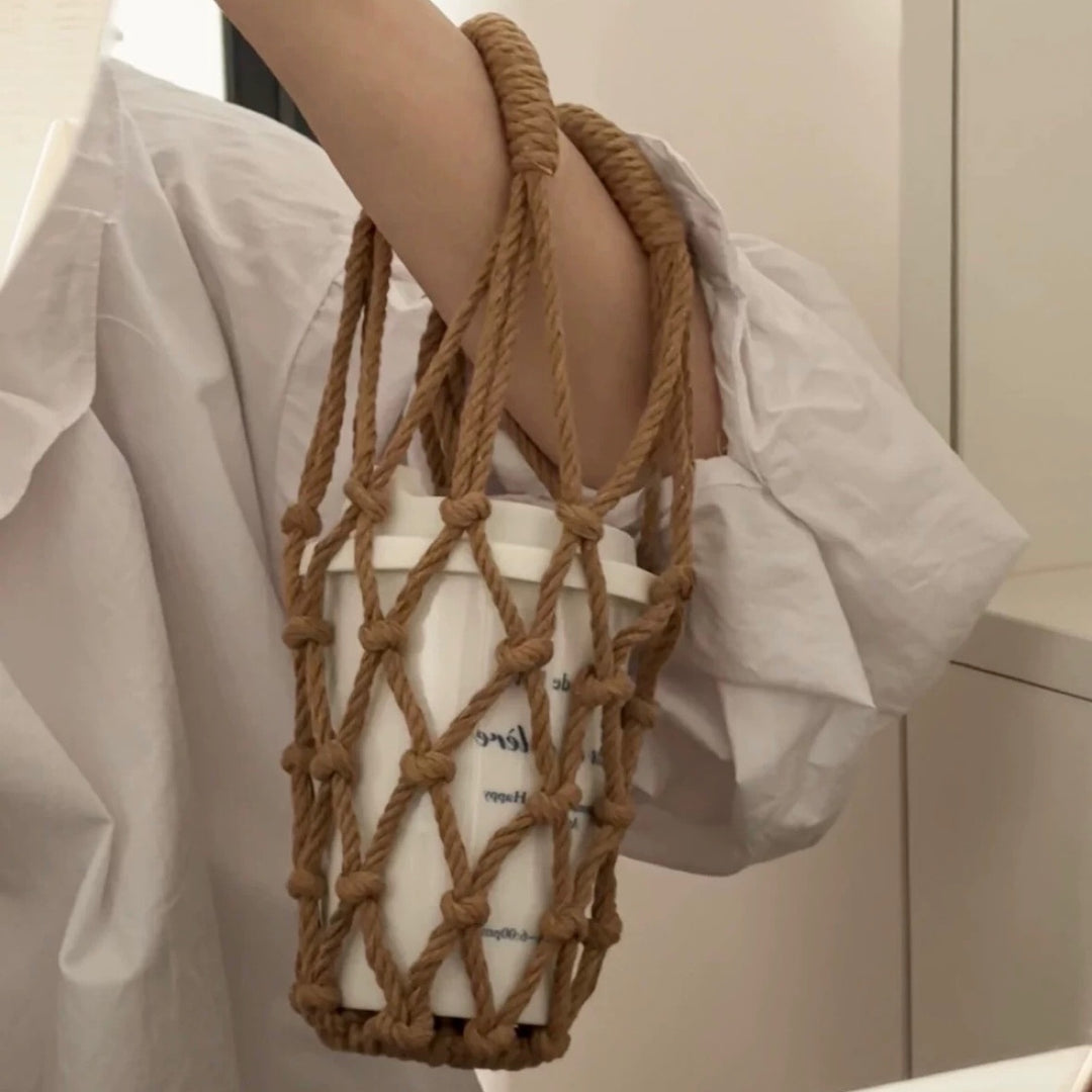 Handwoven Water Bottle Mesh Bag Cotton Linen N6G085