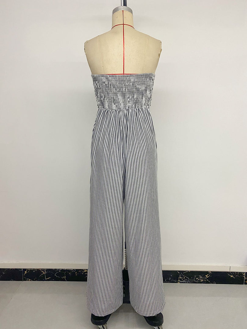 Strapless Stripe Jumpsuit Women Straight Leg N6C251