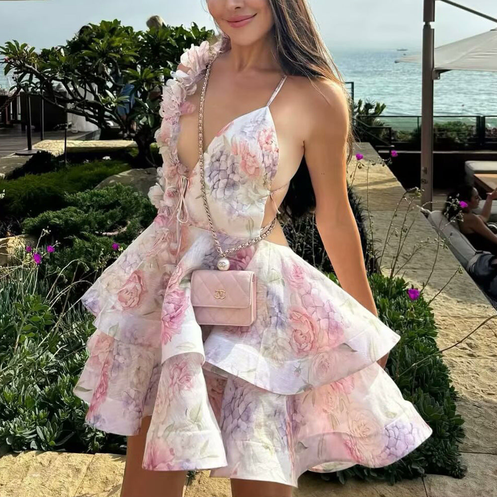 Back Floral Mini Dress Spaghetti V Neck N5Z346