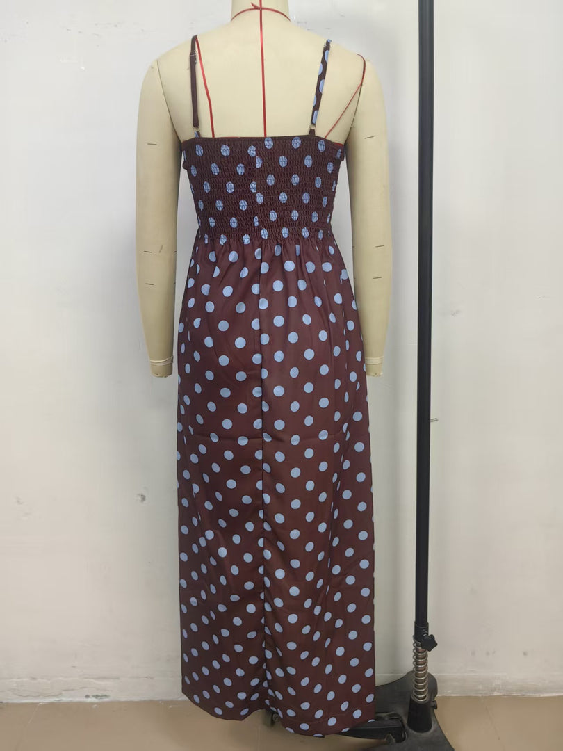 Polka Dot Pleated Midi Dress Sweet Spaghetti Strap N6F030