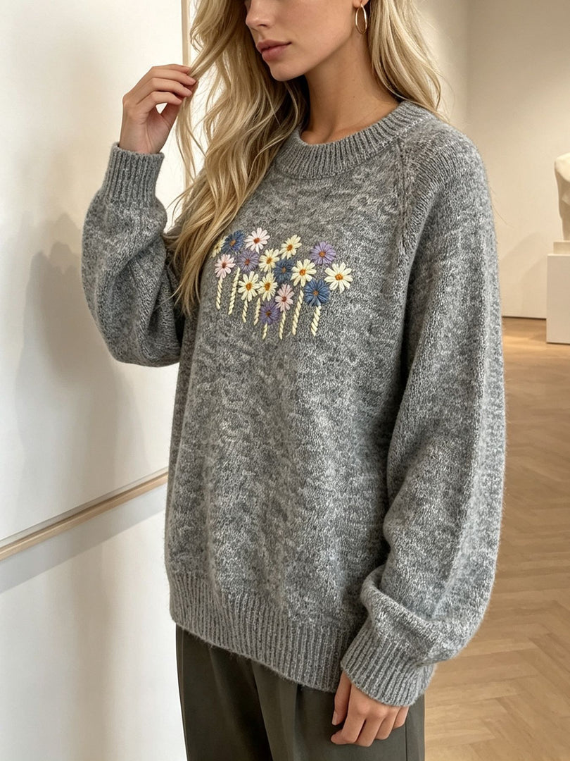 Daisy Floral Round Neck Loose Pullover Sweater N6H282