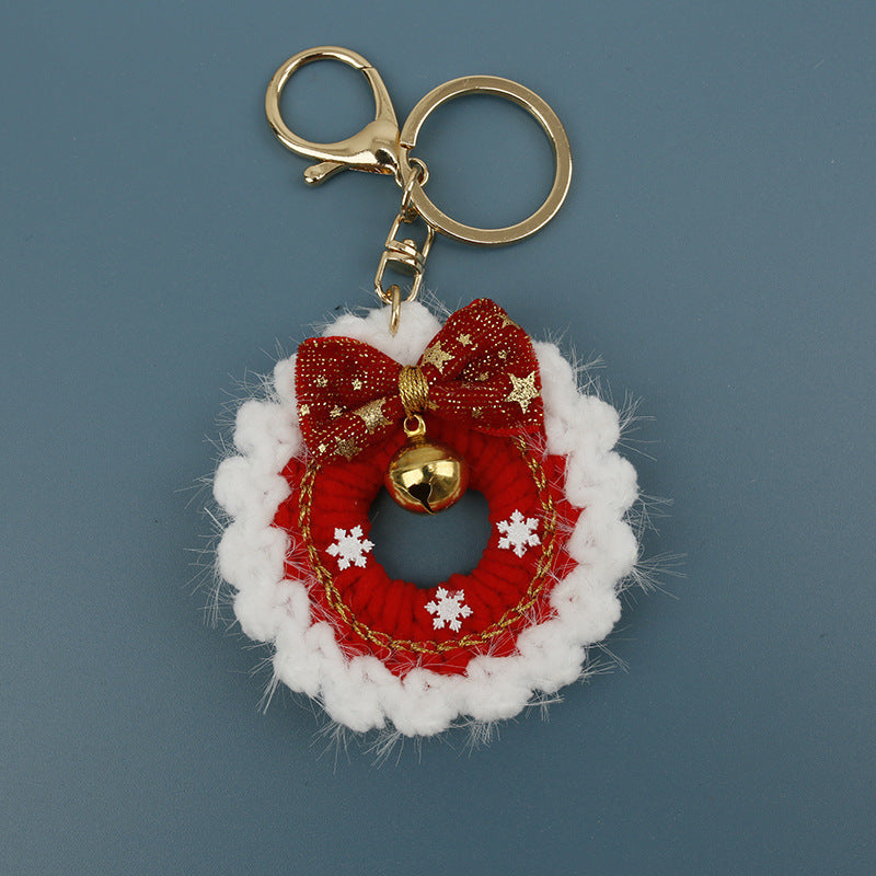 Hand Crocheted Velvet Christmas Wreath Bell Keychain N6K297