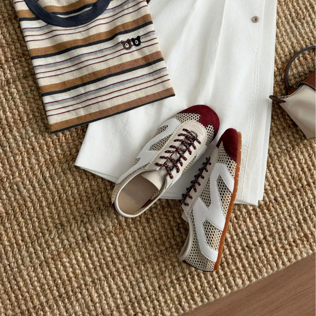 Color-Block Mesh Lace-Up Flats Women Breathable N6G247