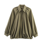 Load image into Gallery viewer, Notched Collar Puff Sleeve Baseball Jacket Women N6A154