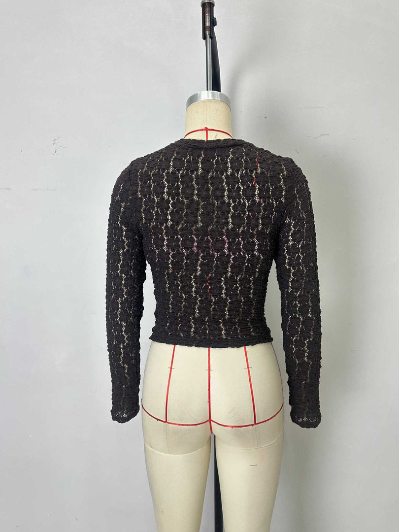 Brown Lace Long Sleeve Slim Fit Top N6F224