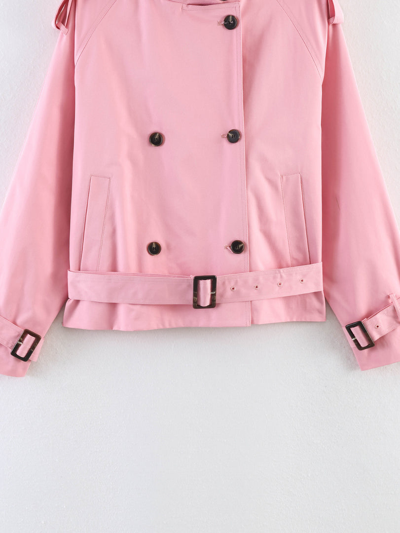 Loose Belted Double-Breasted Stand Collar Coat Women N6H125