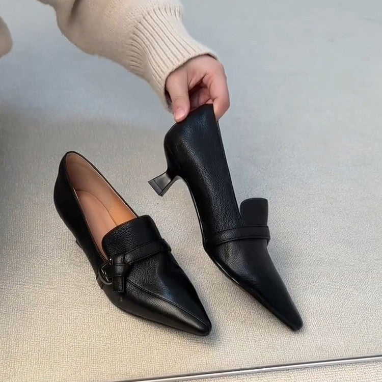 Pointed Toe Chunky Heel Loafers Women Slip-On Elegant N6G243