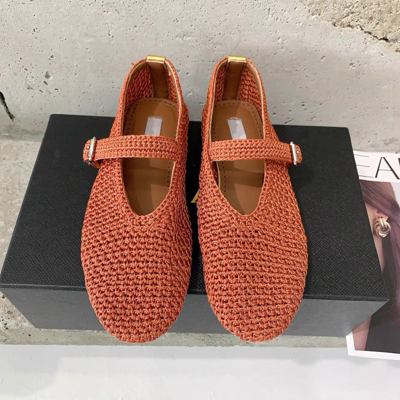 Handwoven Ballet Mary Jane Flat Shoes Women Leather N6G244
