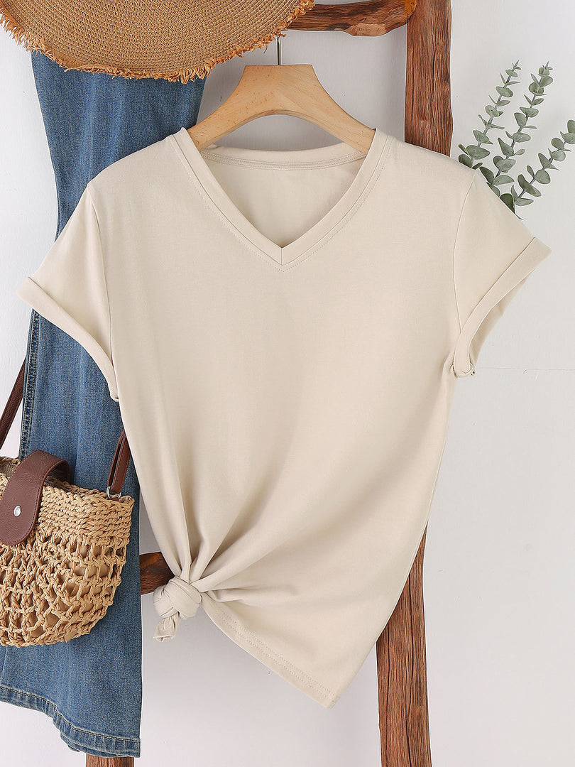 Minimalist Solid Color V-Neck T-Shirt Women N6E140