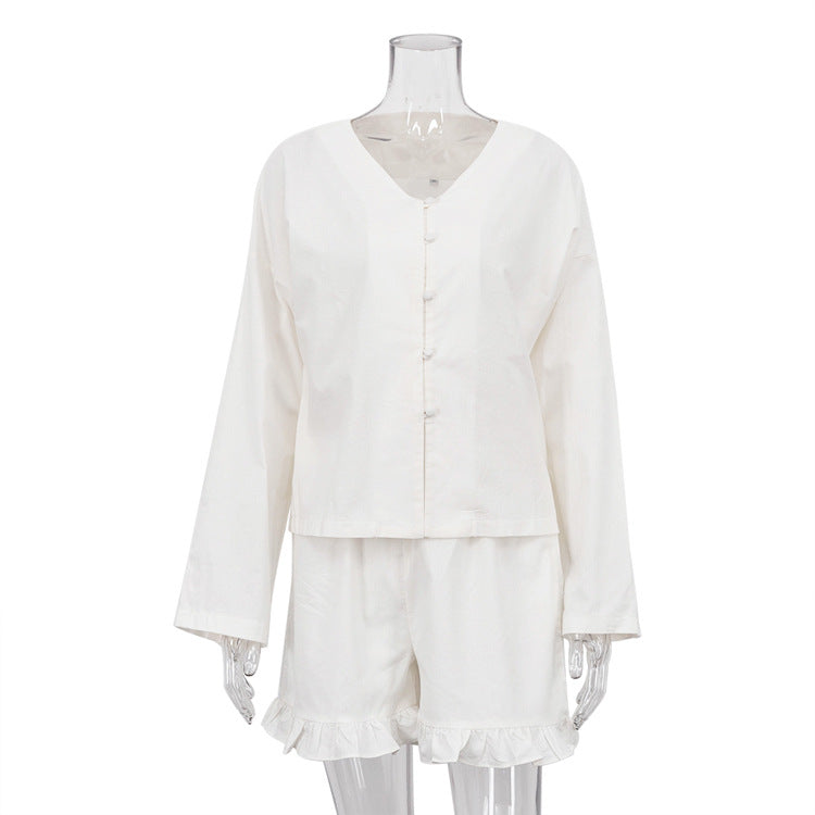 Long Sleeve Ruffle Sleeve Shirt High Waist Shorts Set N6D108